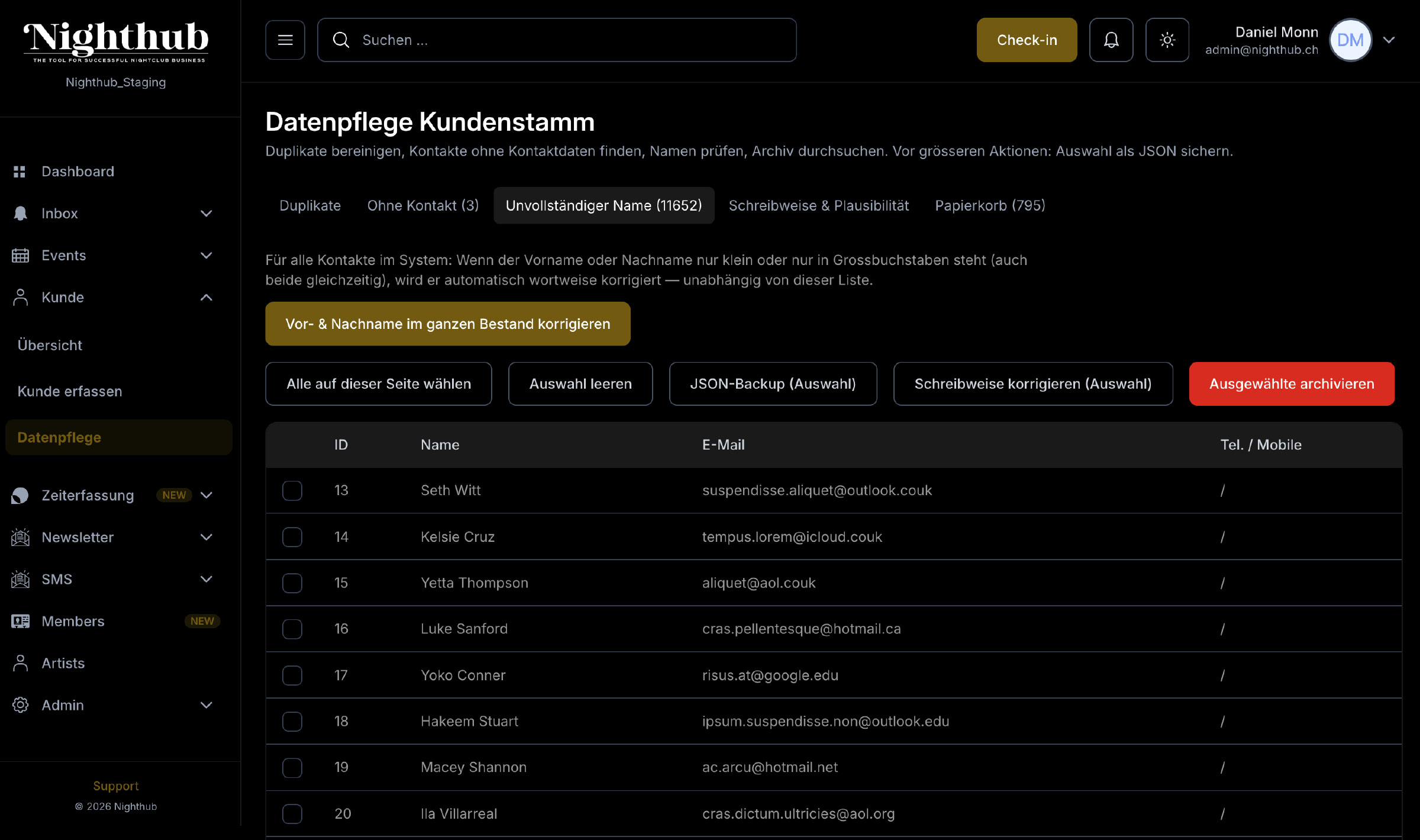 Nighthub Backoffice: Datenpflege Kundenstamm mit Duplikaten, fehlenden Kontakten und Korrigieren von Namen