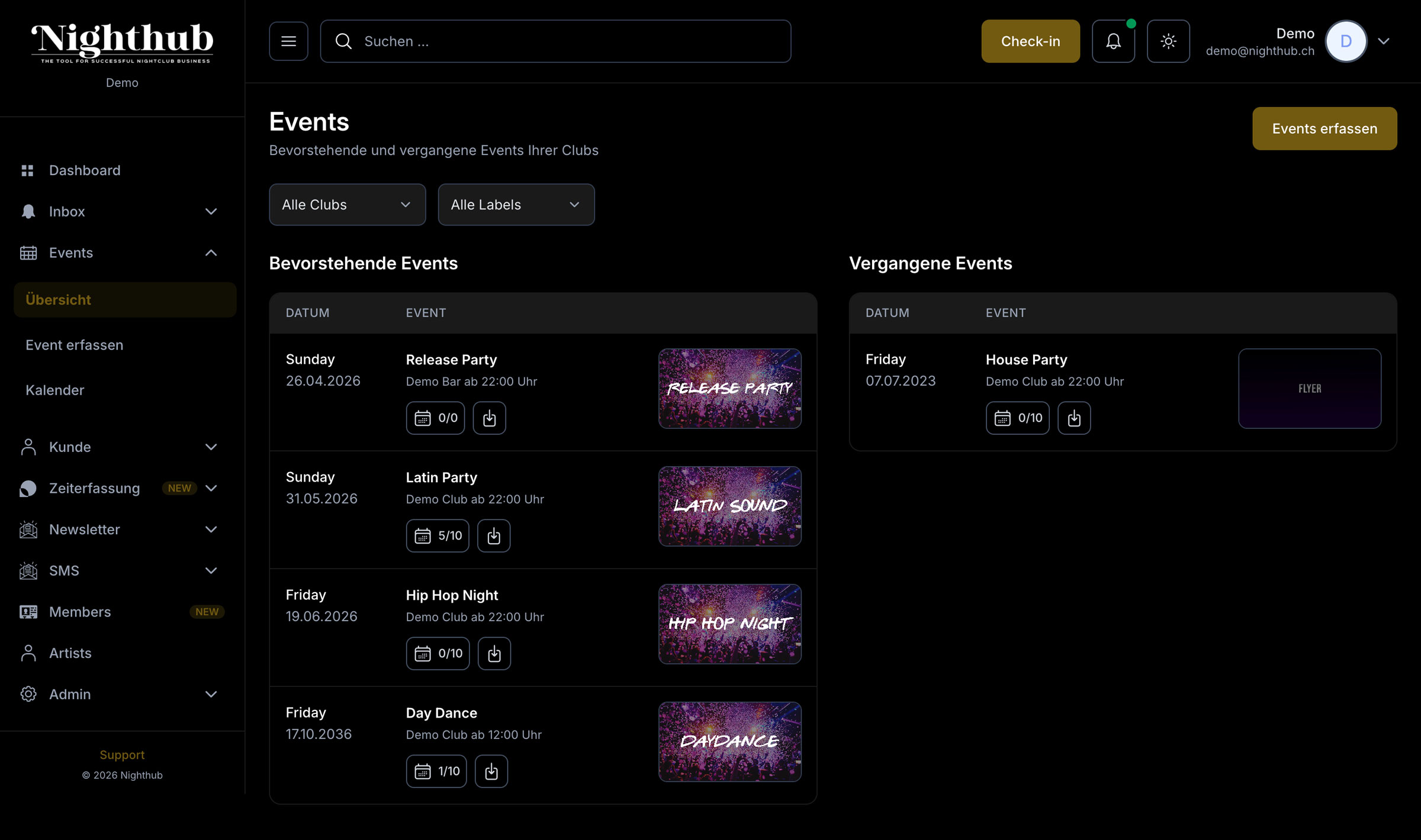 Nighthub Backoffice: Events-Übersicht mit bevorstehenden und vergangenen Events
