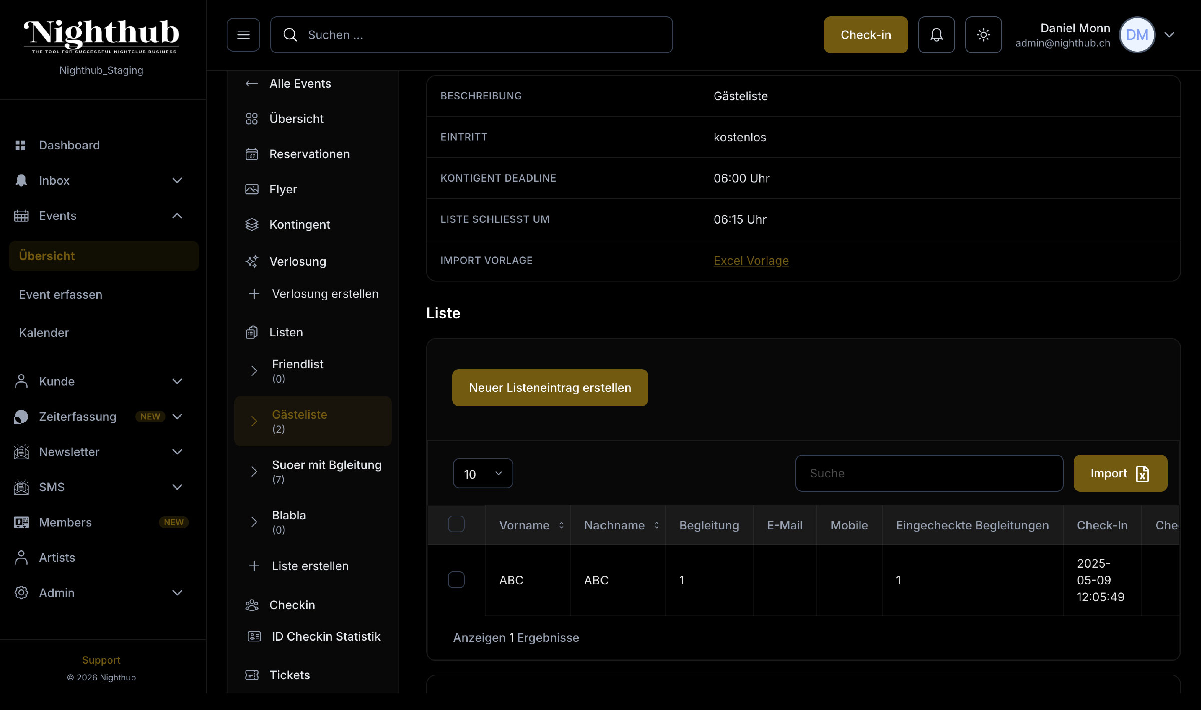 Nighthub Backoffice: Gästeliste mit Einträgen, Import und Kontingent-Angaben