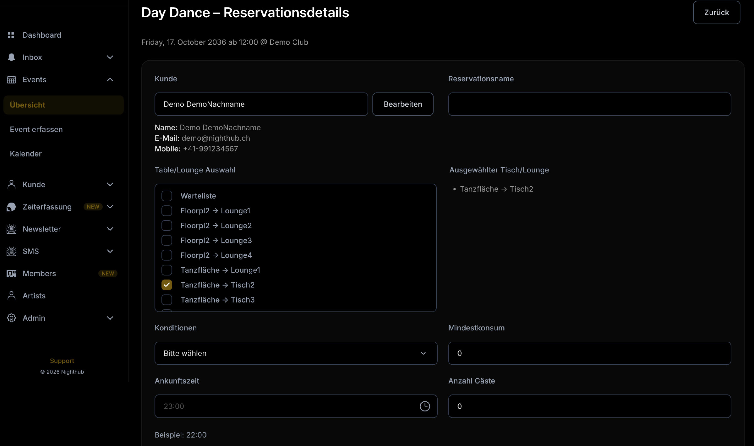 Nighthub Backoffice: Reservationsdetails mit Kunde, Tisch- oder Loungeauswahl, Konditionen und Gästezahl