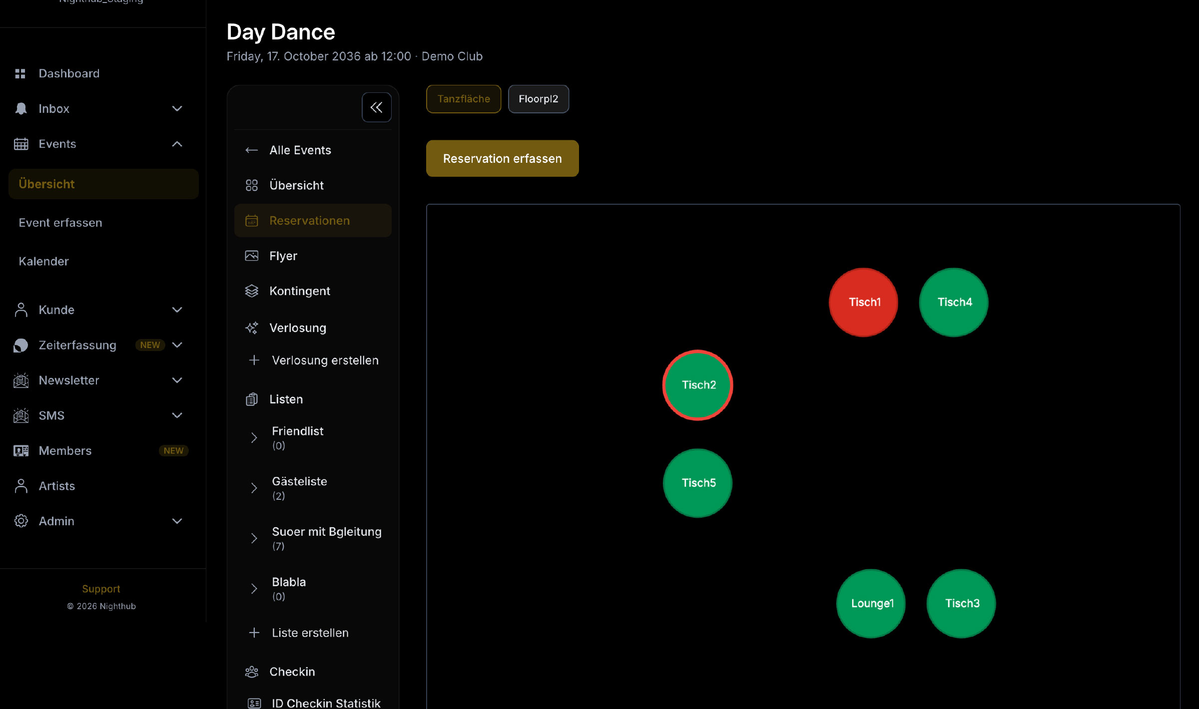 Nighthub Backoffice: Reservationen-Ansicht mit Floorplan, Tischen und Lounges