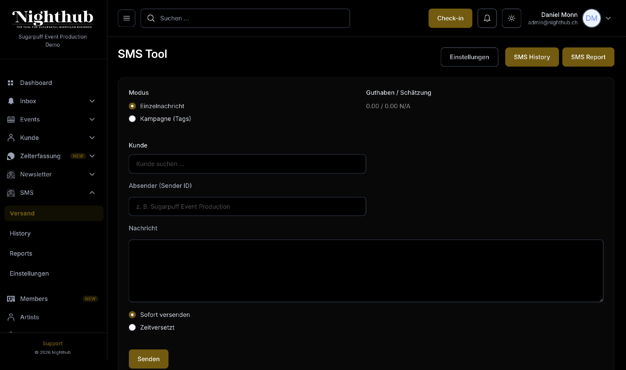 Nighthub Backoffice: SMS-Tool zum Versand einzelner Nachrichten oder Kampagnen