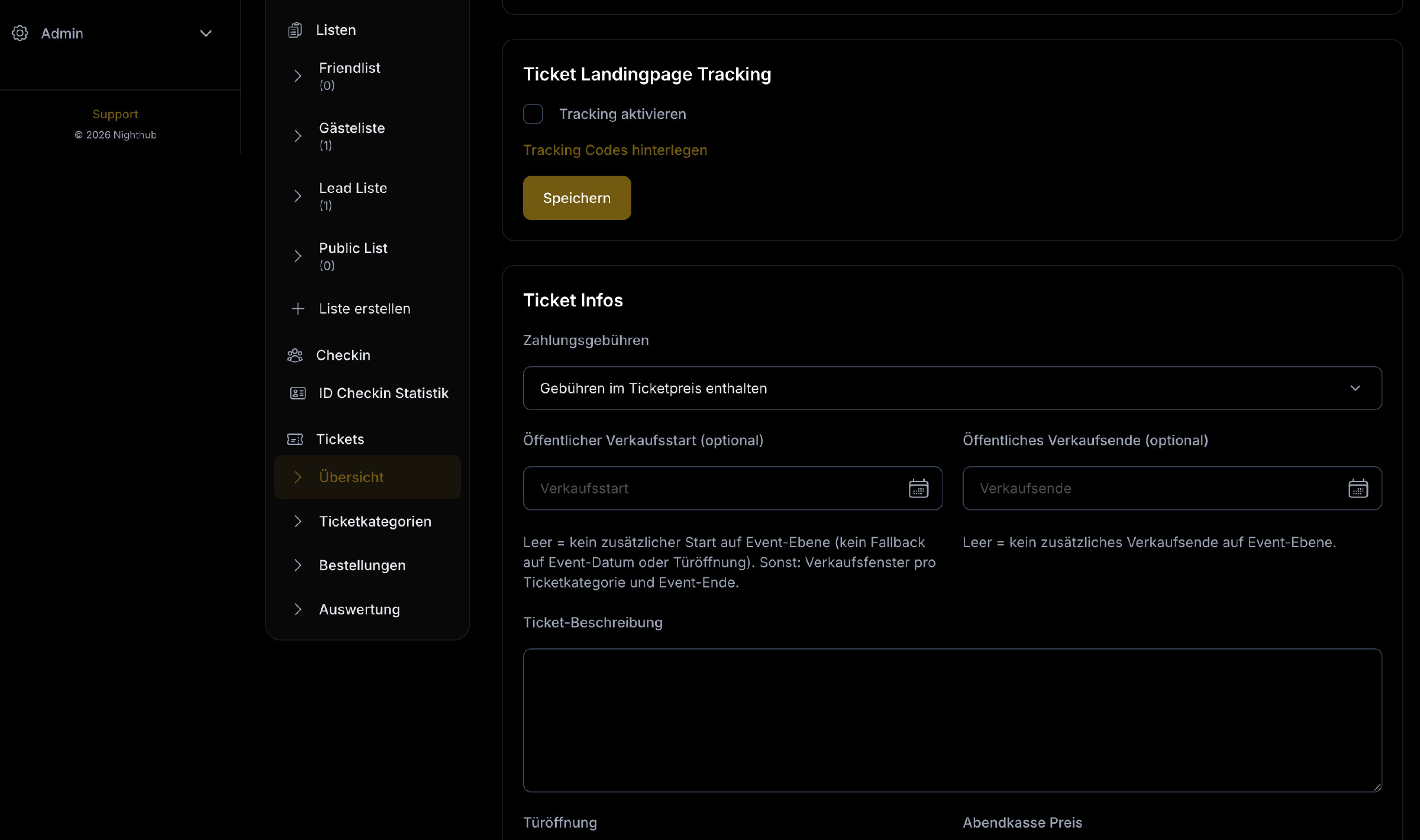 Nighthub Backoffice: Ticket-Einstellungen mit Tracking, Zahlungsgebühren und Ticketinfos